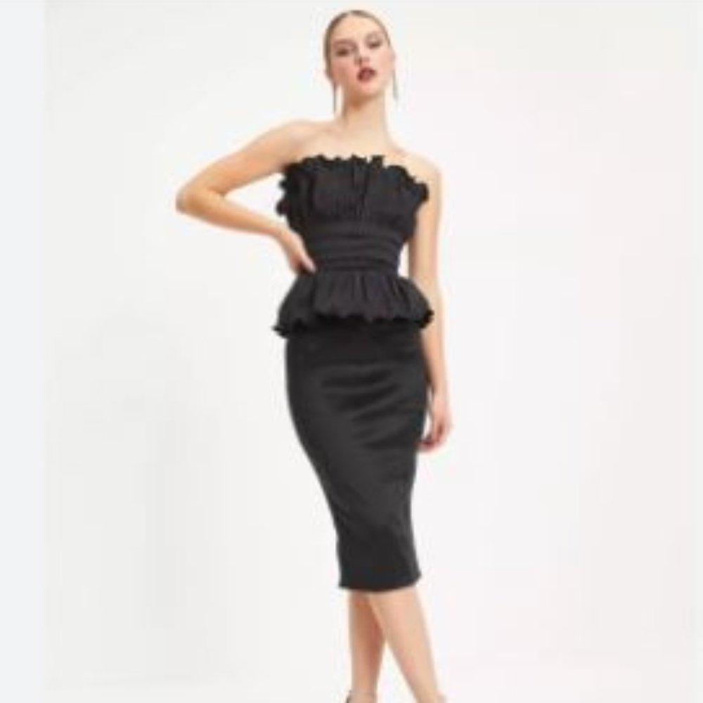NEW - Strapless Sheath Satin Stretch Peplum Cocktail Dress